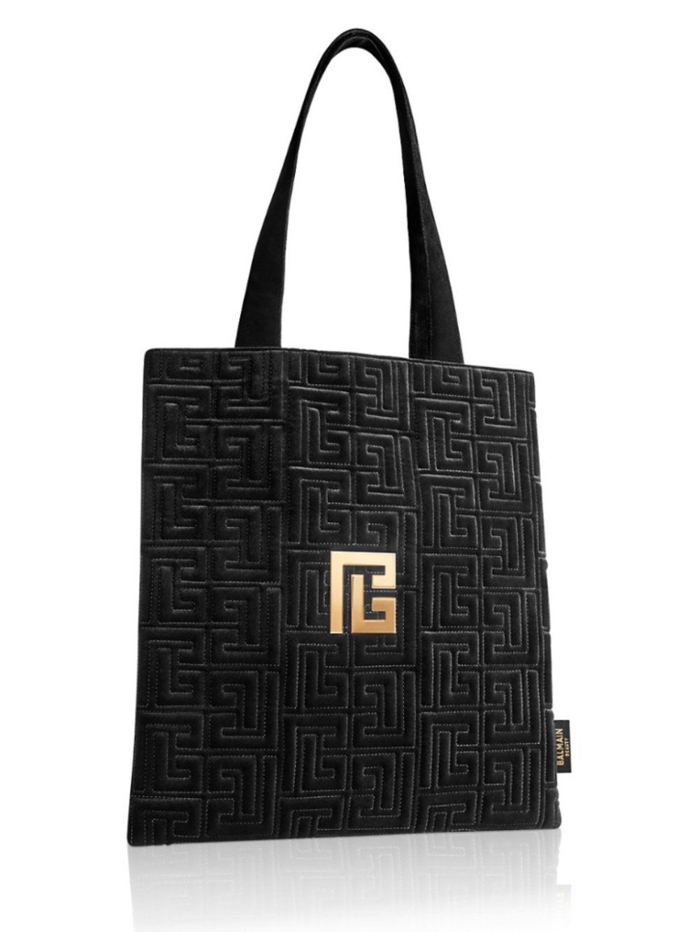 Balmain Large Black Velvet Quilted Tote Bag with Gold Logo